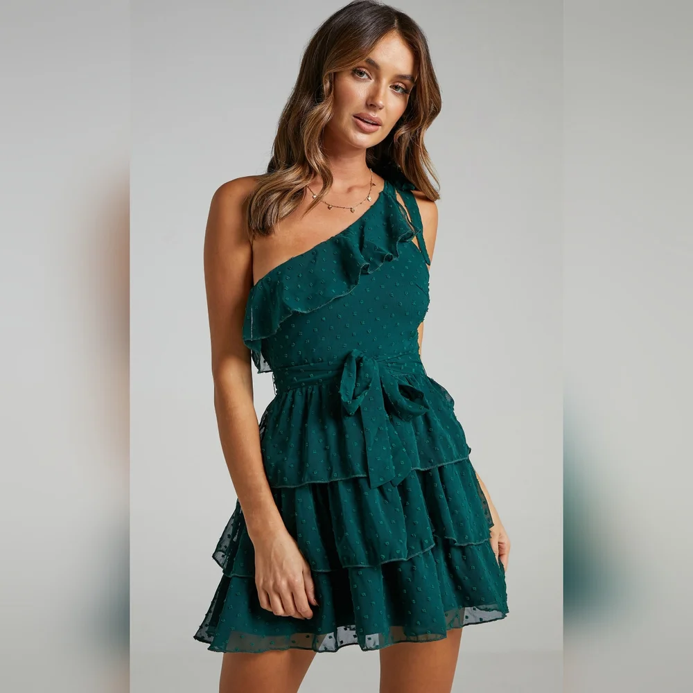 NWT BTFBM Green One Shoulder Tiered Frill Ruffle Swiss Dot Flowy Mini Dress L - Picture 9 of 10
